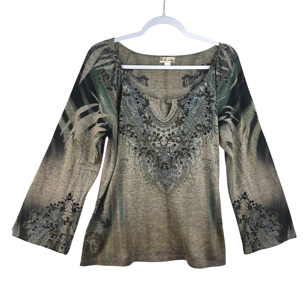 World Unity Women Large Olive Green Boho Studded Bell Sleeve Mixed Print Top